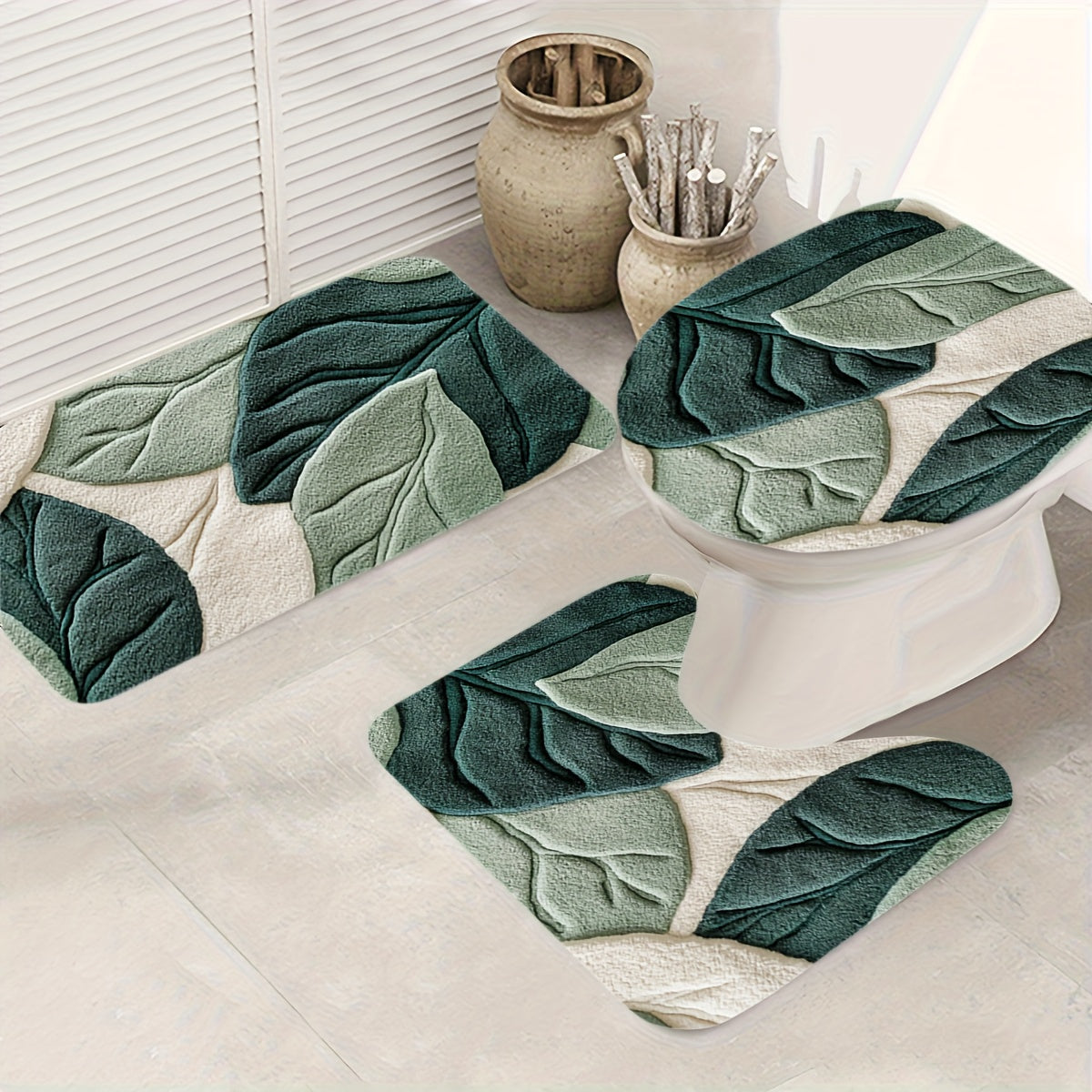 3pcs Green Leaf Pattern Bathroom Mat Set, Toilet Lid Cover, Toilet U-Shaped Mat, Flannel Material, Soft Surface, Mother'S Day Decoratio