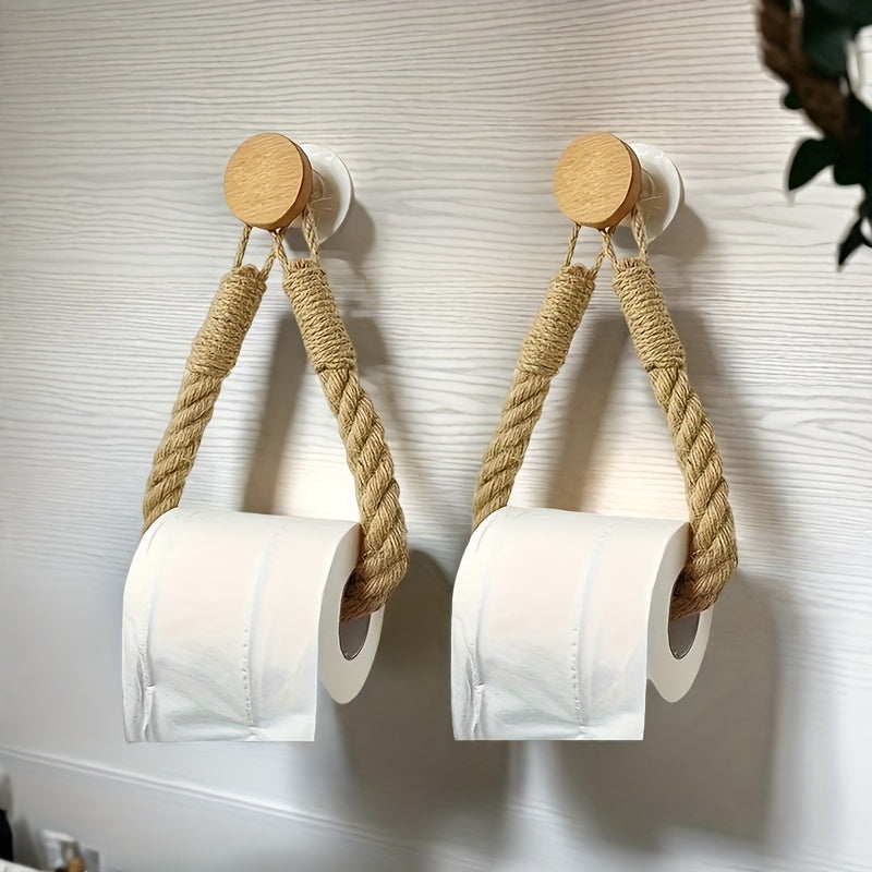 2pcs Hemp Rope Paper Towel Holder Solid Wood Woven Storage Towel Rack Washcloth Holder Creative Hole-Free Roll Paper Holder