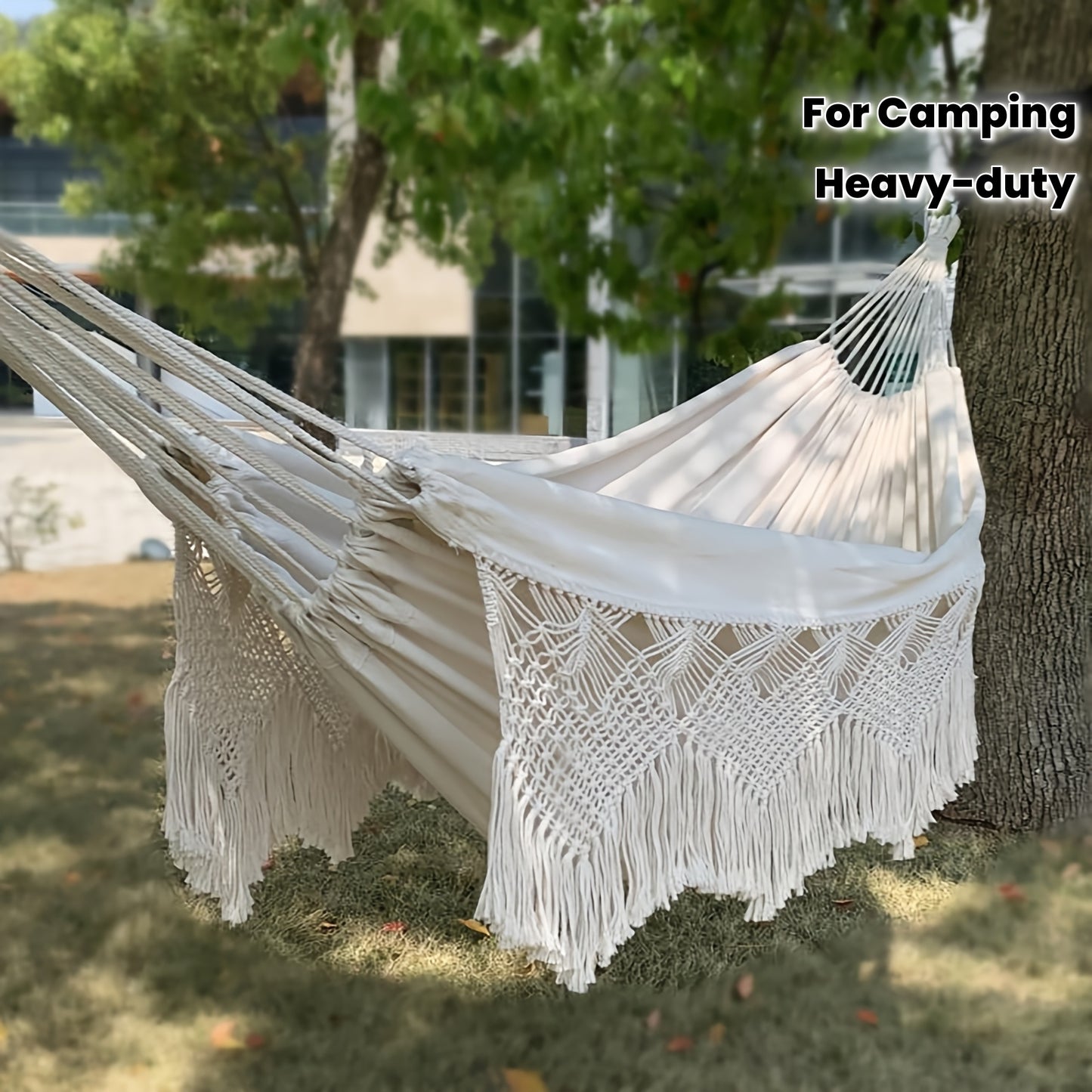 Heavy-Duty Thickened Tassel Canvas Hammock for Two - Premium Textile Outdoor Swing with Fringe Detailing, Ideal for Camping, Beach & Backyard Relaxation, Hammock for Camping, Thickened Canvas