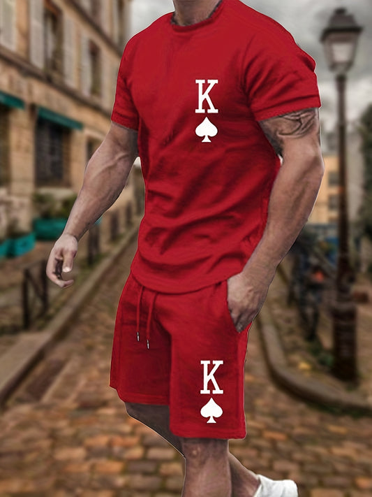 King Of Spades Pattern Print, 2Pcs Outfits For Men, Casual Crew Neck Short Sleeve T-shirt And Drawstring Shorts Set For Summer, Men's Clothing Loungewear Vacation Workout