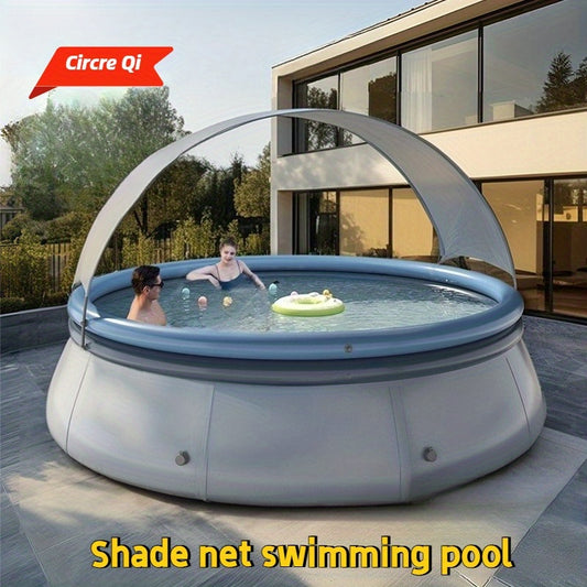Large Inflatable Pool with Sunshade, Ring-Shaped Swimming Pool, Luxury Family Outdoor Foldable Portable Pool, Double-Ring Buoyancy Shaped Pool, Home Bathing Large Water Play Pool, Summer Party Gift