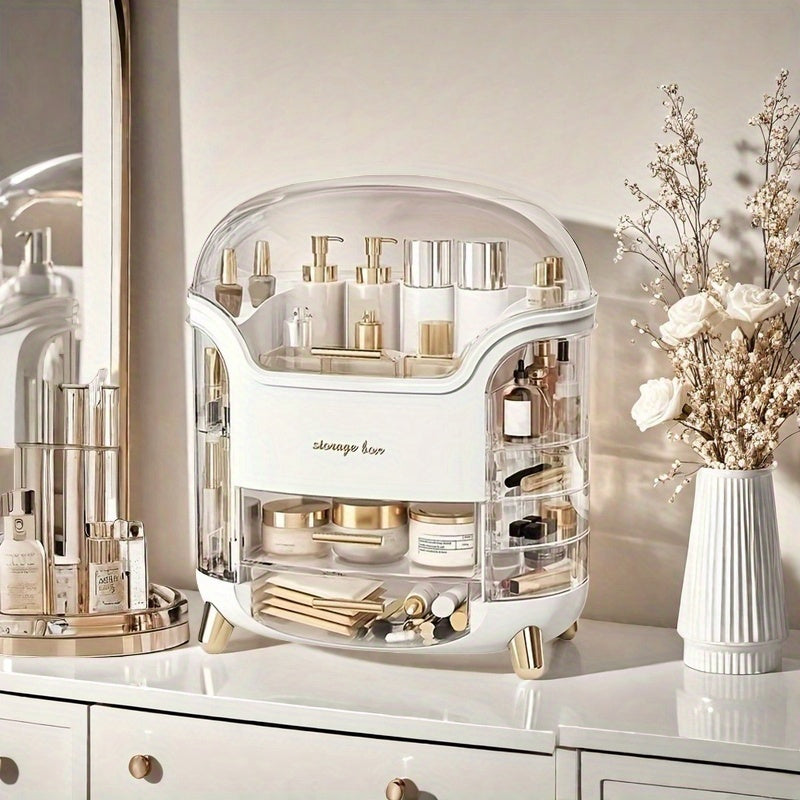 Large Capacity Transparent Plastic Cosmetic Organizer - Freestanding Skincare with Shelves, Bathroom Vanity Organizer Box for Makeup, Toiletries, Dorm & Office, Compact White-Labeled Design (No Assembly Tools Needed