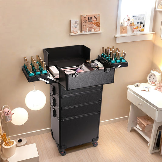 Professional Heavy-Duty Locking Mobile Beauty Case - Aluminum Alloy Makeup Cart with 4-Wheel Silent Locking System, Multi-Tier Drawers & Built-In Workstation (68.58cm+ Height) - Freestanding Organizer for Makeup Artists, Salon & Travel