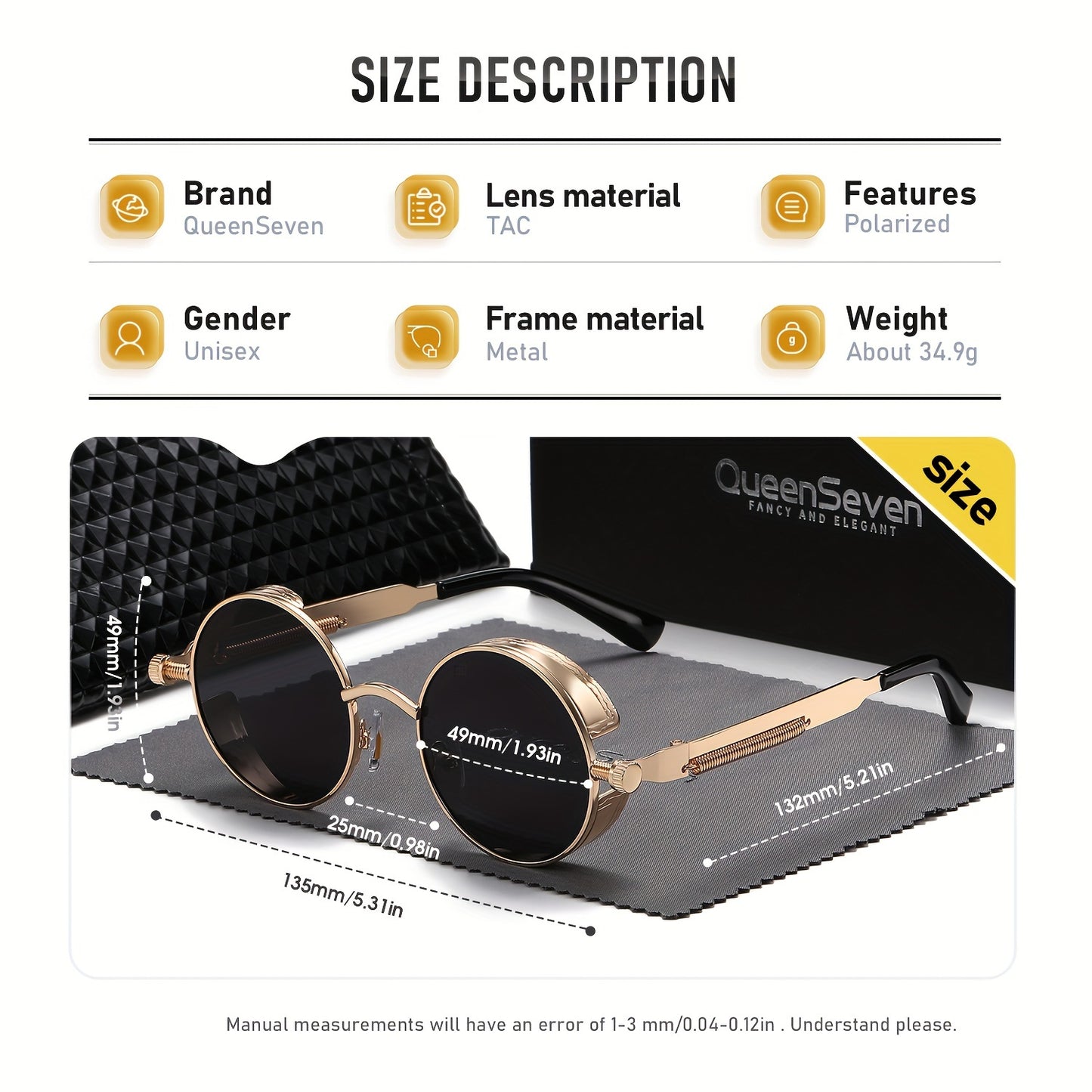 QueenSeven Retro Round Frame Polarized Fashion Glasses - Rose Golden Zinc Alloy, Black TAC Lenses, UV Protection, Stylish Punk Design for Driving & Outdoor Activities, Outdoor Eyewear | Elegant Accessories | Luxury Fashion Glasses