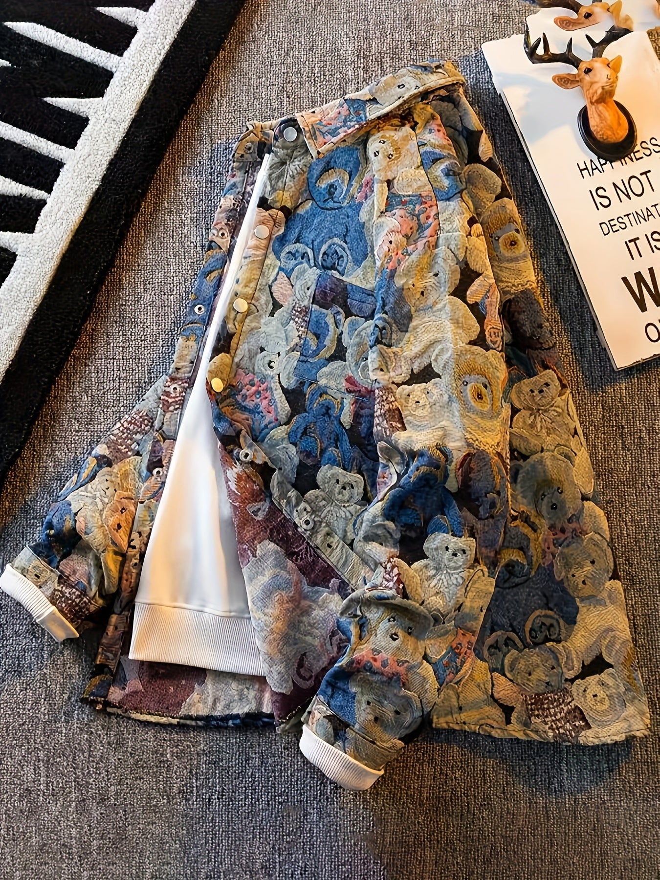 Men'S Vintage Americana Shirt Jacket - Softshell Button-Front Coat with Teddy Bear Pattern, Classic Collar & Pocket - Lightweight Casual Outerwear for Everyday & Formal Events - Retro Jacket in Blue/Red/Beige/Black/White/Gray/ - Autumn Layering Essential