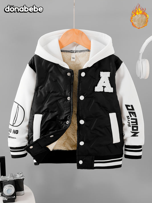 Boys' New Autumn/Winter Fleece-Lined Thick Jacket with Letter A Patch, Button-Up Sleeve Print Hooded Sweatshirt - Warm and Versatile Casual Wear