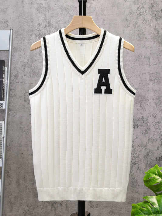 Preppy Letter A Print High Stretch Vest, Men's Casual Vintage Style V Neck Sweater Vest For Fall Winter