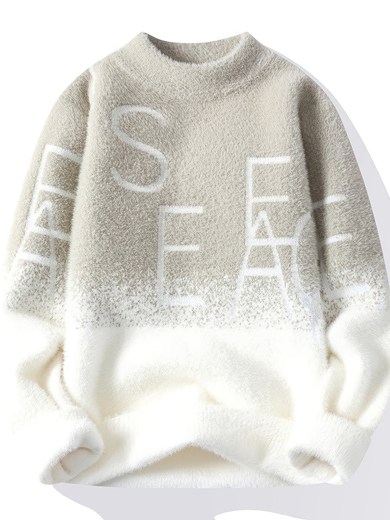 1pc Men's Heavy-Duty Winter Knit Sweater - Soft Warm Grey/Beige/ Color Block with SEA Letter Print, Round Neck Long Sleeve Casual Pullover, Machine Washable Cozy Sweaters for & Young Men (Fall & Winter Layering)