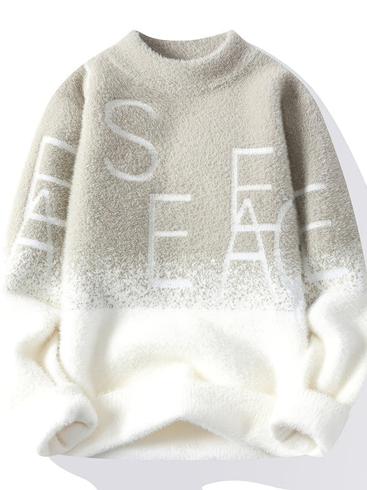 1pc Men's Heavy-Duty Winter Knit Sweater - Soft Warm Grey/Beige/ Color Block with SEA Letter Print, Round Neck Long Sleeve Casual Pullover, Machine Washable Cozy Sweaters for & Young Men (Fall & Winter Layering)
