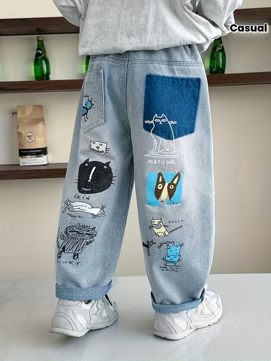 Boys' Casual Cartoon Print Wide Leg Jeans with Puff Details & Distressed Knees - Spring/Fall Youth Streetwear Pants for Teens, Hand Wash Only, Jeans, Jeans for Kinds, Baggy Jeans