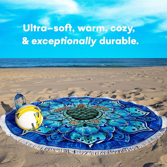 1pc Bohemian Style Sea Turtle Pattern Beach Towel, Round Design, Multi-Purpose Beach Towel, Picnic Camping Mat, Indoor Tablecloth, Sofa Cushion, Fun Sea Turtle Pattern Home Decor, Essential Travel Accessory for Vacation, Round Beach Towel, Microfiber Bea