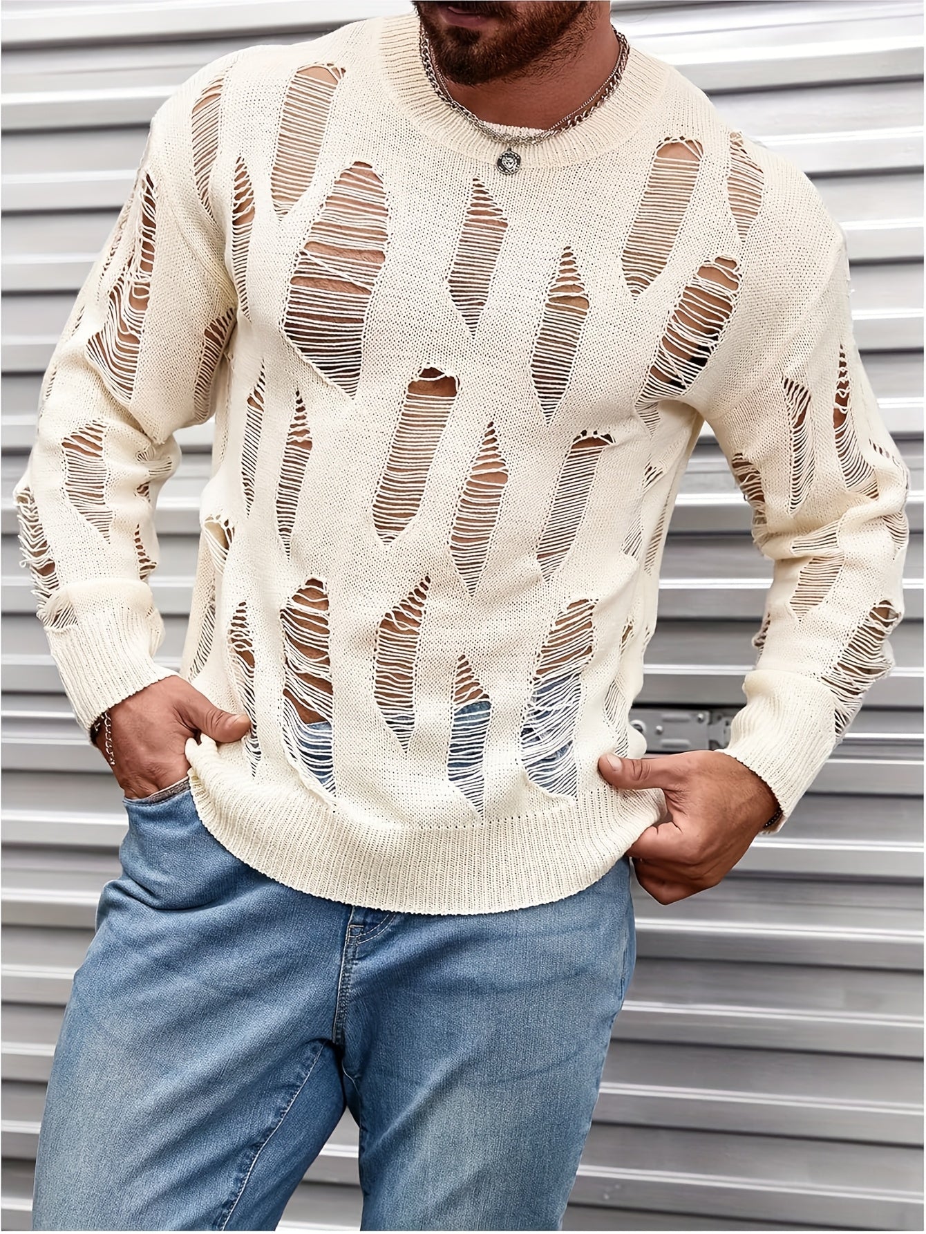 Men's Sexy Edgy Black Knit Sweater with Cut-Out Details - Slim Fit Stretchy Semi-Sheer Pullover, Machine Washable Round Neck Top for Spring/Fall, Spring Fall Apparel, Trendy Knitwear, Comfortable Wear