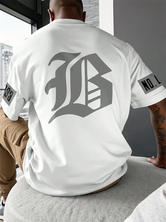 Men'S Casual Crew Neck Short Sleeve T-Shirt with Bold "B" Logo - Soft, Breathable Polyester, Slightly Stretchy, Perfect for Outdoor Activities & Gift Giving, Allseason Apparel|Bold Graphic Tee|Stretchy Fabric, Knit