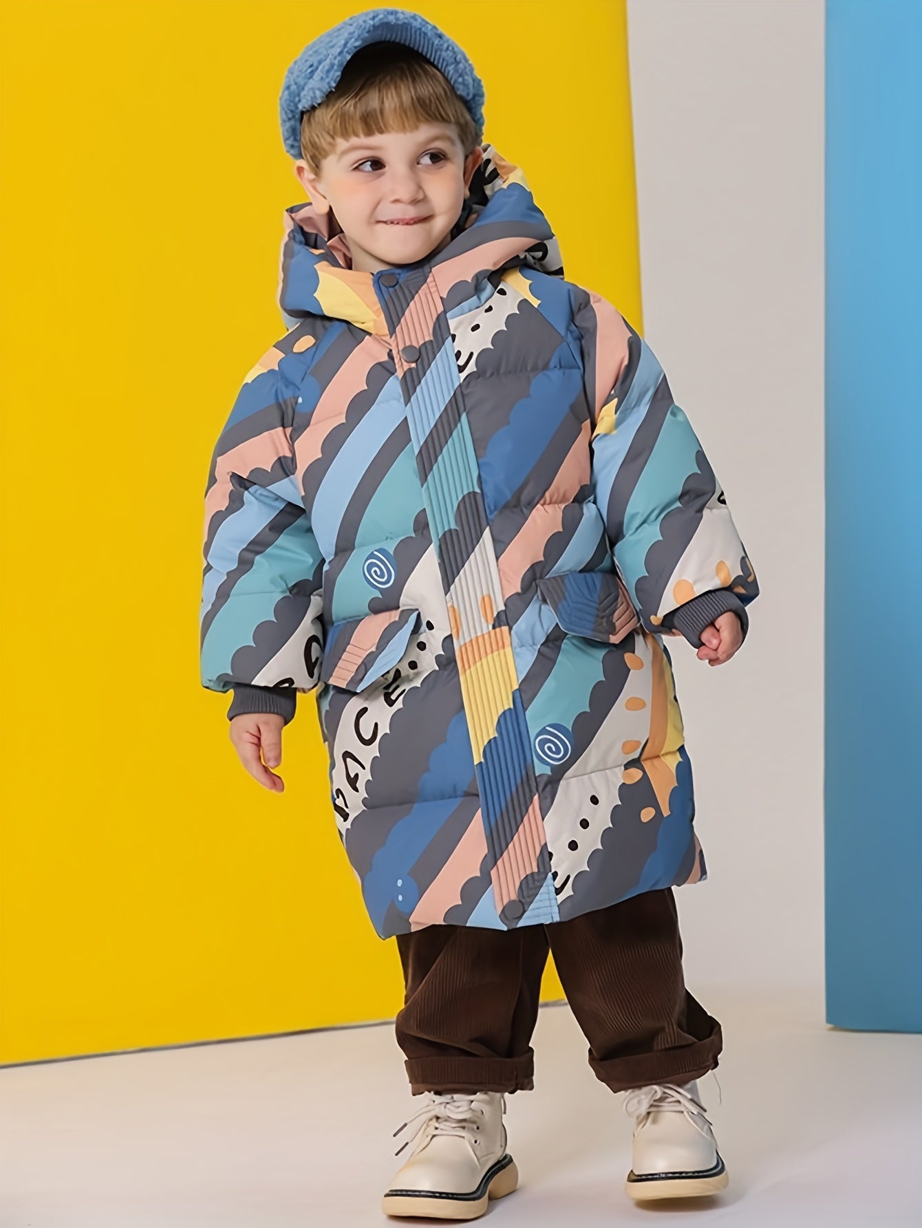 Youngsters' Colorful Geometric Print Hooded Winter Jacket - Warm Fleece-Lined Coat for Boys and Girls, Stylish Long Sleeve with Pockets, Vibrant Abstract Design, Perfect for Fall/Winter Outdoor Play, Girls Winter Clothes