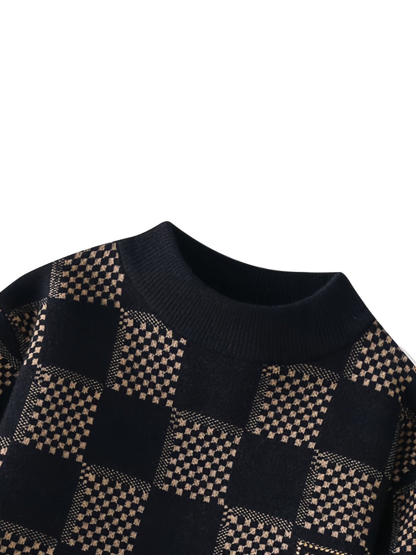SENMEIGUO Men's Slim Fit Thermal Knit Sweater - Black & White Checkered Pattern, High Elasticity Round Neck Long Sleeve Pullover for Autumn Winter Casual Wear, Winter Sweater, Autumn Wardrobe, Modern Checkered, Comfortable Winterwear