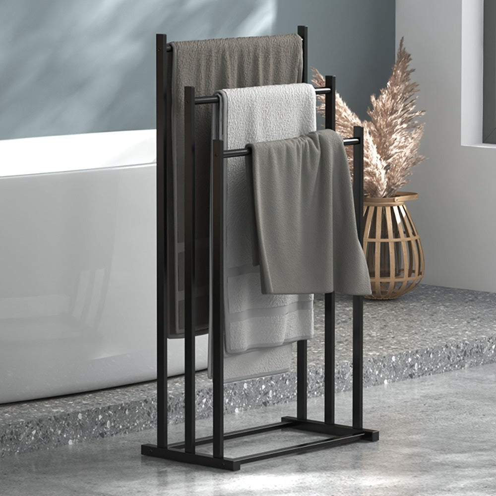 Heavy-Duty 3-Tier Floor Standing Towel Rack - Rustproof Plastic Freestanding Bathroom & Pool Towel Organizer with Black Frame, No Installation Needed, Indoor/Outdoor Use for Spa, Gym, Hotel - Holds 6 Towels, All-Season Space-Saving Design (Ideal for 3-6
