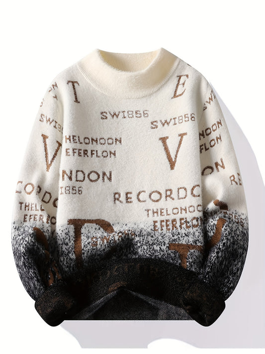 Men'S Cozy Letter Print Sweater - Warm Crew Neck Pullover with "SWISS" & "RECORD" Design, Beige & Blue, Long Sleeve, Perfect for Fall/Winter, Winter Clothing | Casual Style | Ribbed Cuffs, Knit