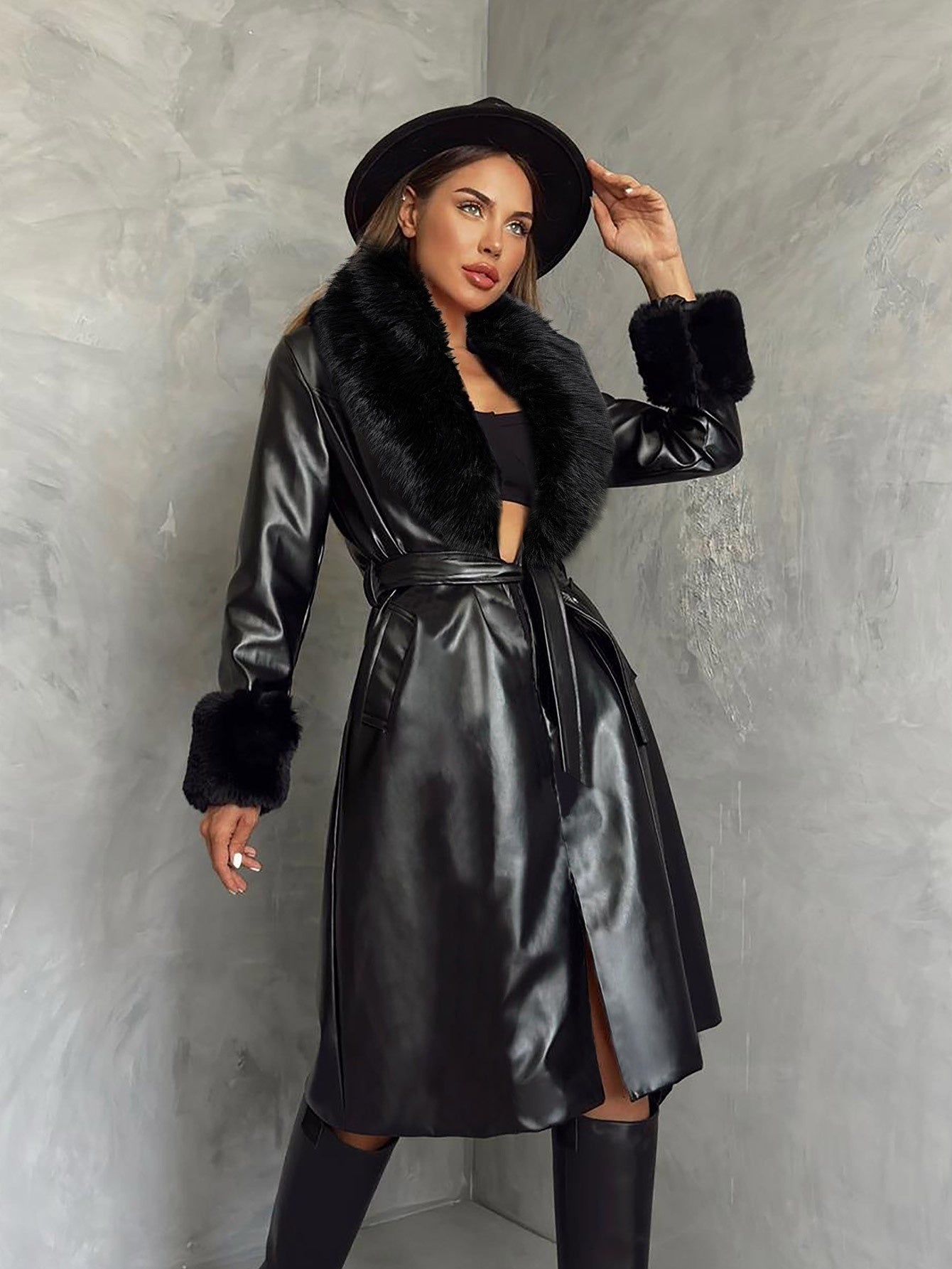 Elegant Black Faux-Fur Collar & PU Leather Jacket with Windproof - Winter Coat for Casual & Formal Events, Structured Houndstooth-Like Pattern, Handbag-Compatible Outerwear (No Washable Care)