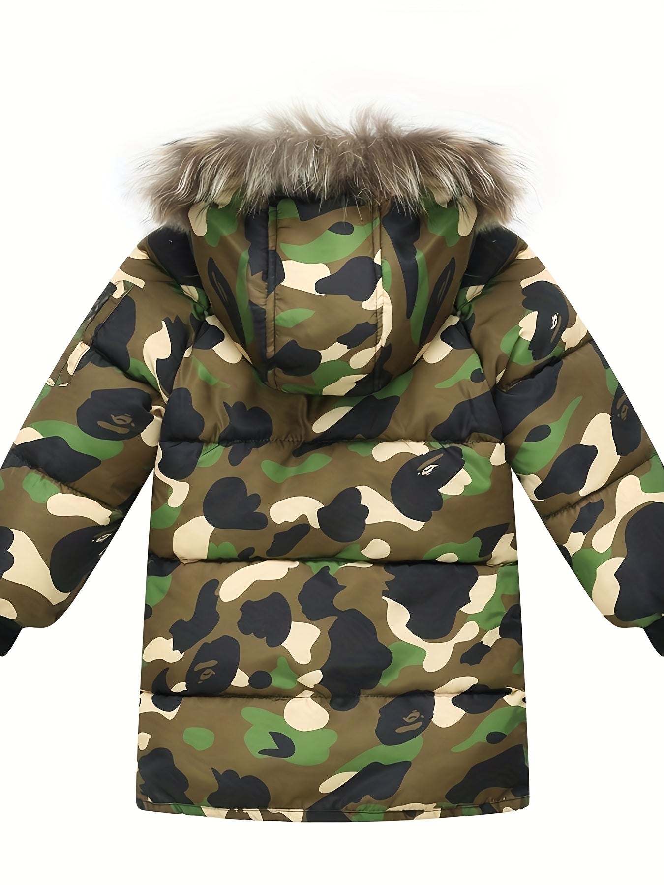 1pc Boys' Winter Camo Jacket with Detachable Hooded Collar & Full-Zip Closure - Windproof Coat, Green/Brown/Black Camouflage Pattern, Hand Washable for Outdoor Play, Hunting, (Warm Full-Length Kids' Outerwear)