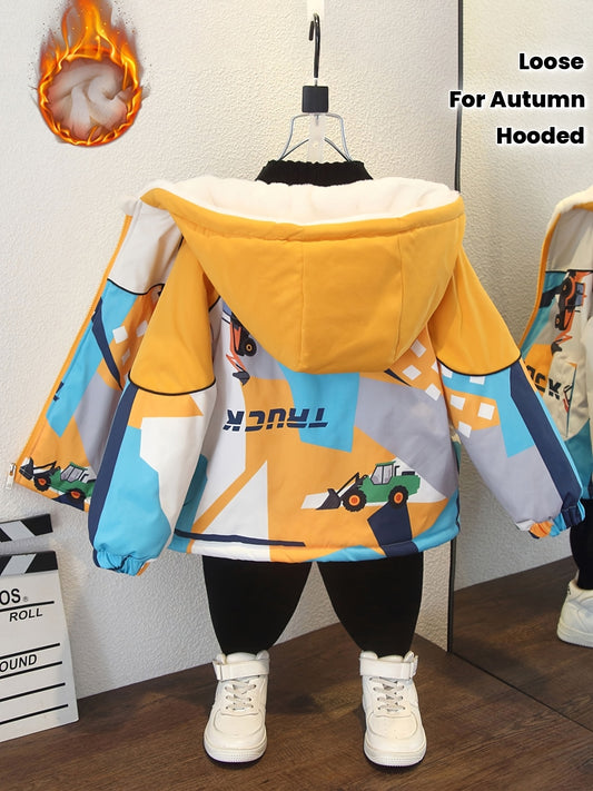 Boys Fleece Lined Hooded Jacket, Cute Funny Excavator Print Warm Loose Coat for Autumn And Winter, Boy Jacket