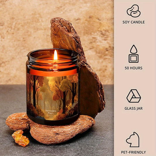 1pc Autumn Forest Scented Candle - Vintage Storybook Aesthetic with Enchanted Forest Design, Highly Polished Digital Painting, Warm Color Palette (Amber & Burnt Orange), Elegant Typography, Long-Lasting 8-12 Hours, Soy Wax, Glass Container, Perfect for C