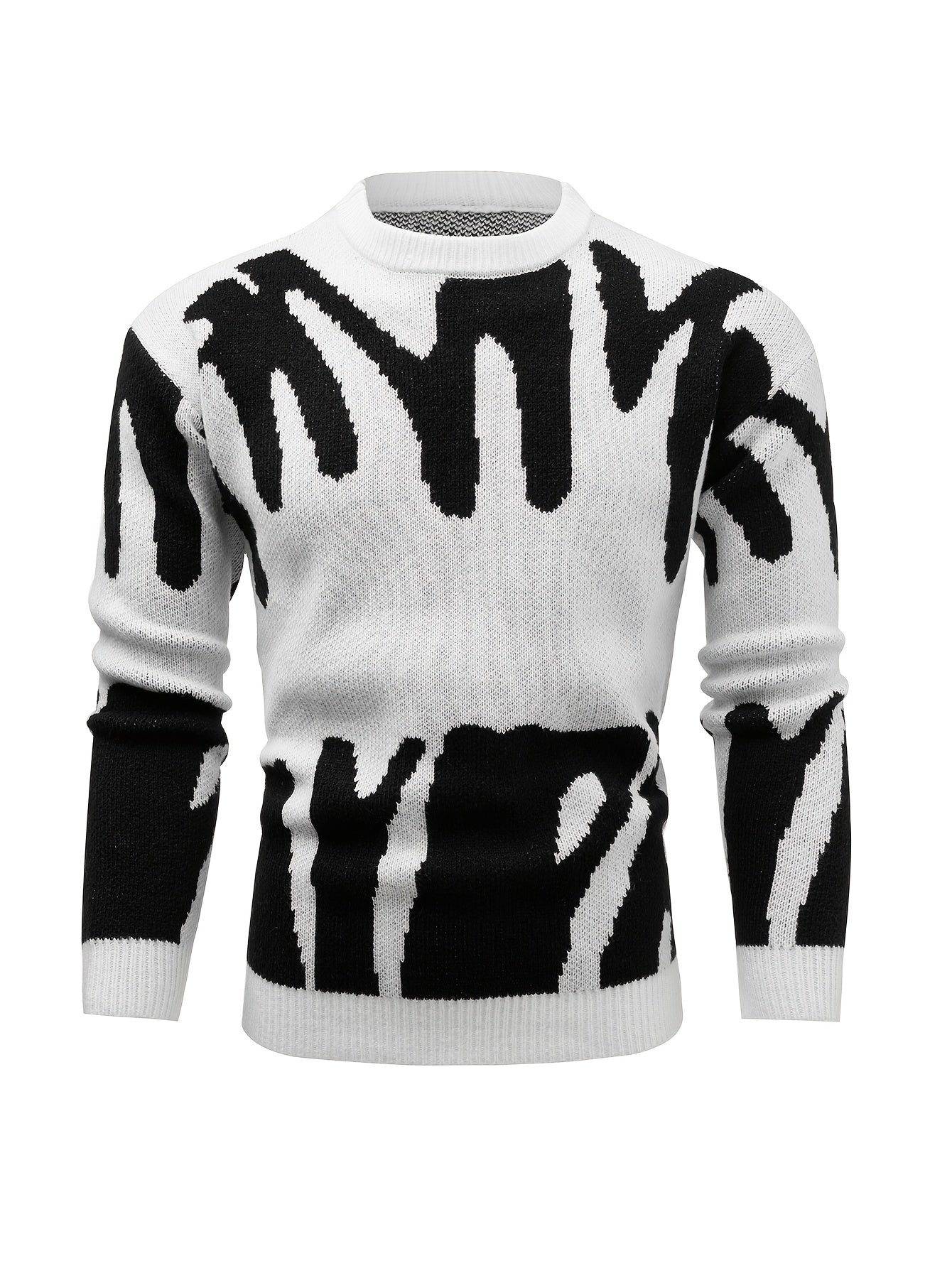 Men's Black & White Zebra Stripe Knit Sweater - Oversized Round Neck Long Sleeve Winter Pullover, Black & White Striped Sweater for Men, Casual & Formal Outfits, Relaxed Fit Fall Winter Warm Sweater with Double-Layer Design, Drop Shoulder Sleeves, and Me
