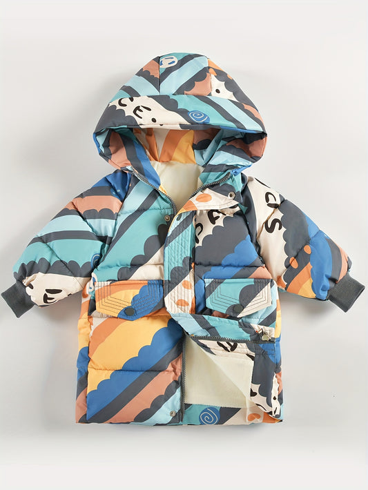 Boys' Colorful Geometric Print Hooded Winter Jacket - Thick Polyester Coat with Pockets, Vibrant Blue, Orange & White Design, Casual Style for Youngsters & Youngsters, Boy Jacket