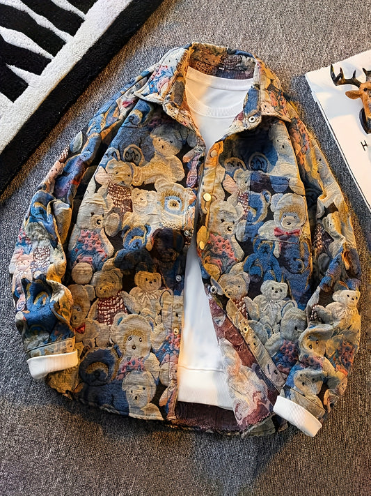 Men'S Vintage Americana Shirt Jacket - Softshell Button-Front Coat with Teddy Bear Pattern, Classic Collar & Pocket - Lightweight Casual Outerwear for Everyday & Formal Events - Retro Jacket in Blue/Red/Beige/Black/White/Gray/ - Autumn Layering Essential