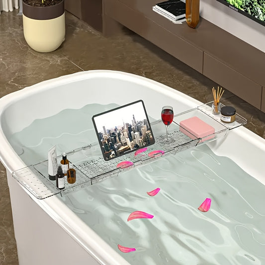 Expandable Bathtub Tray, Clear Plastic Anti-Slip Bath Tub Shelf Caddy, Luxury Bathtub & Bathroom Accessories for Relaxing Spa, Suitable for bathtubs with an Internal Width of up to 72.9 cm, detail random