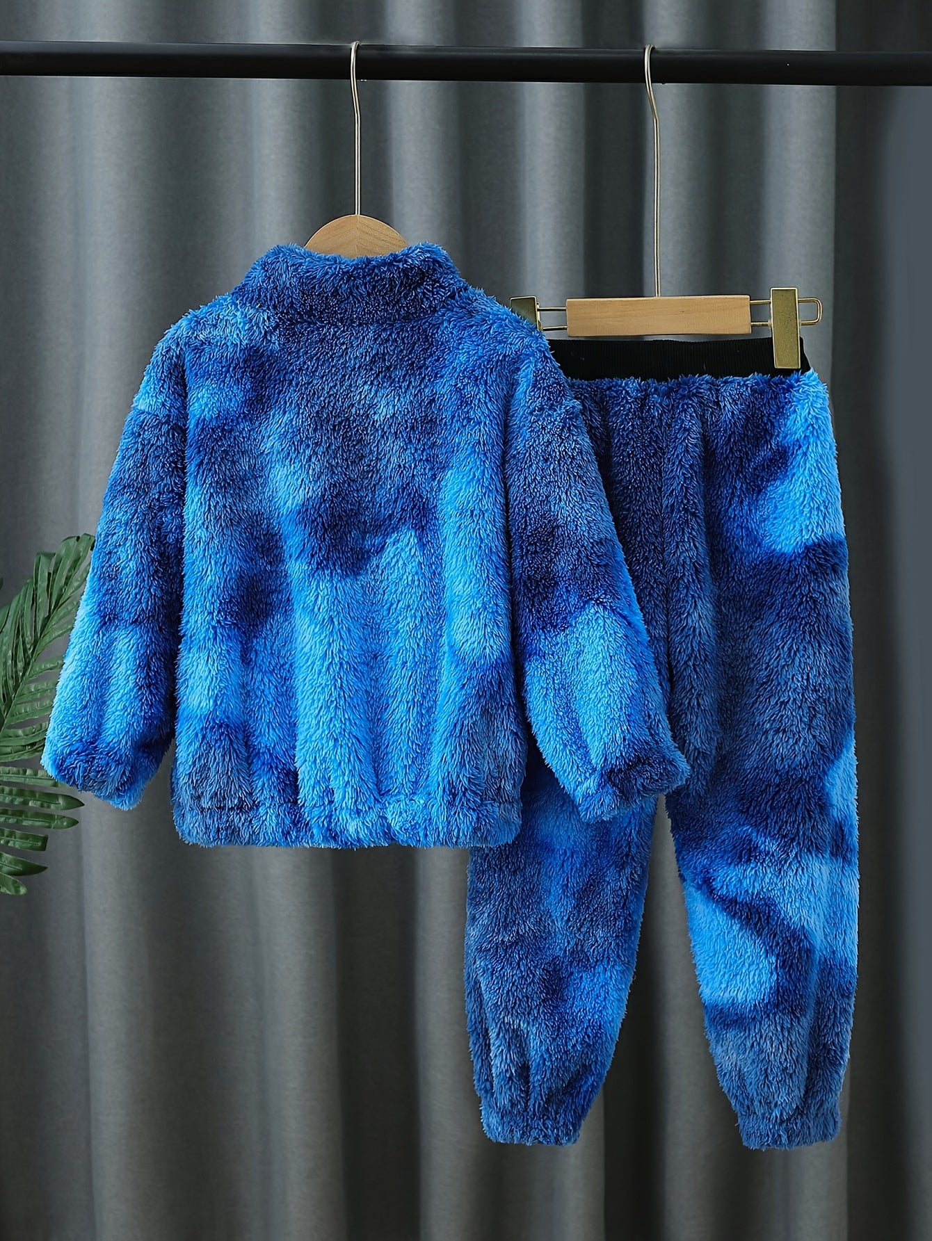 Boys' Cozy Fleece-Lined Zip-Up Hoodie & Pants Set in Blue Tie-Dye - Casual, Warm Polyester Outfit for Fall/Winter, Machine Washable, Perfect for Outdoor