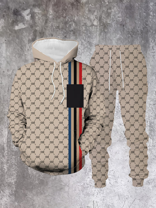 Plaid 2pcs Hoodie Set Autumn/Winter New Men'S Fashion Casual Classic Hooded Sweatshirt with Striped Top and Polyester Pockets for Street Outdoor Sports