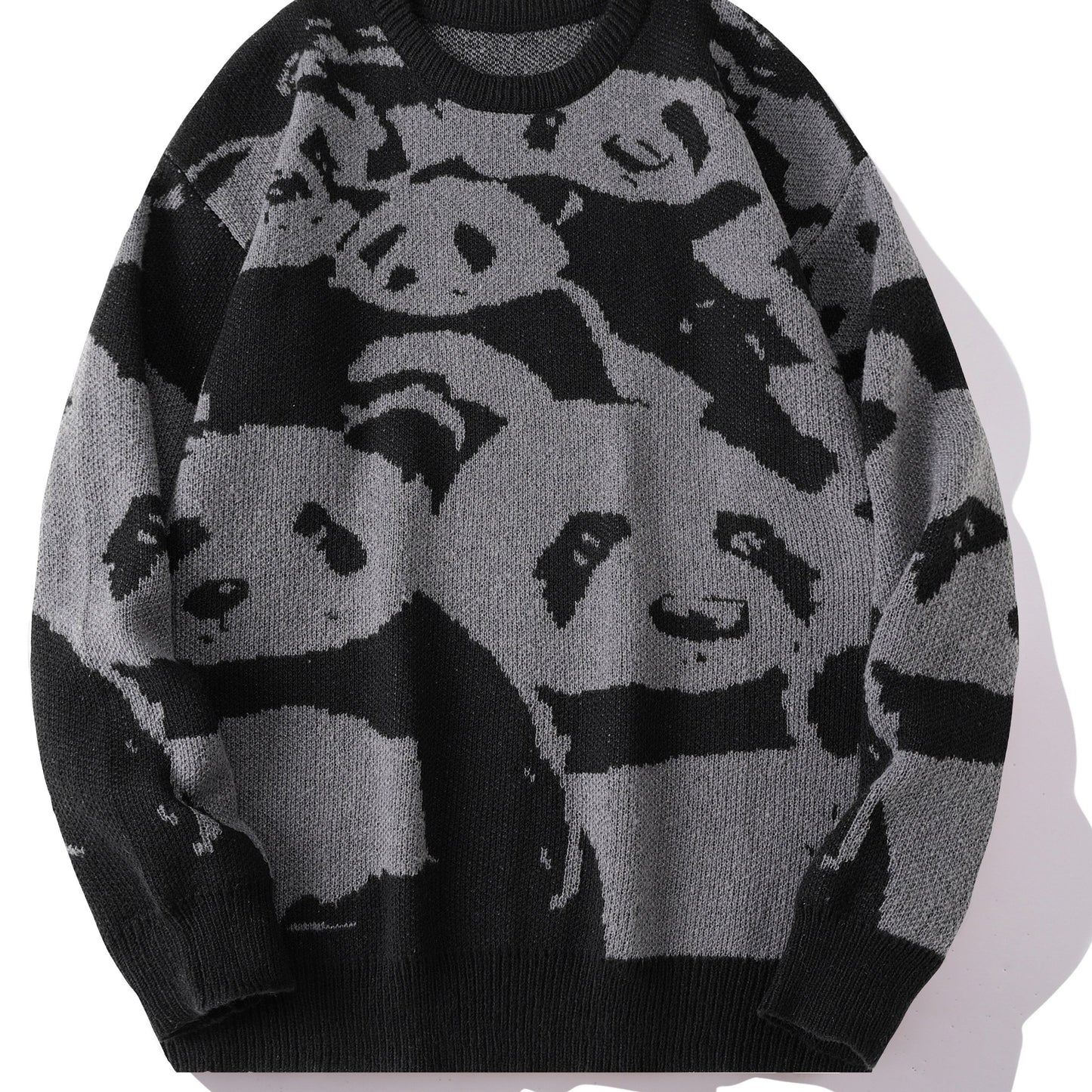 Cozy Panda Crew Neck Sweater - Novelty Cartoon Knit Pullover for Men - Warm, Slightly Stretchy, Casual Fall Winter Wear with Fun Panda Pattern