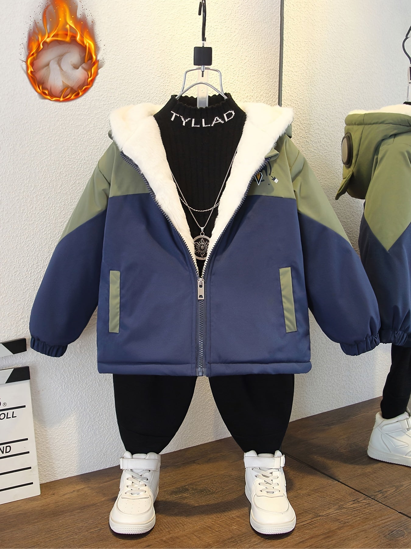 Boys' Casual Fleece Parka with Hood, Long Sleeve, Zippered Closure, Color Block Pattern, Rocket Print, Polyester 100% - Loose Fit, Woven, Non-Stretch, All-Season Warmth