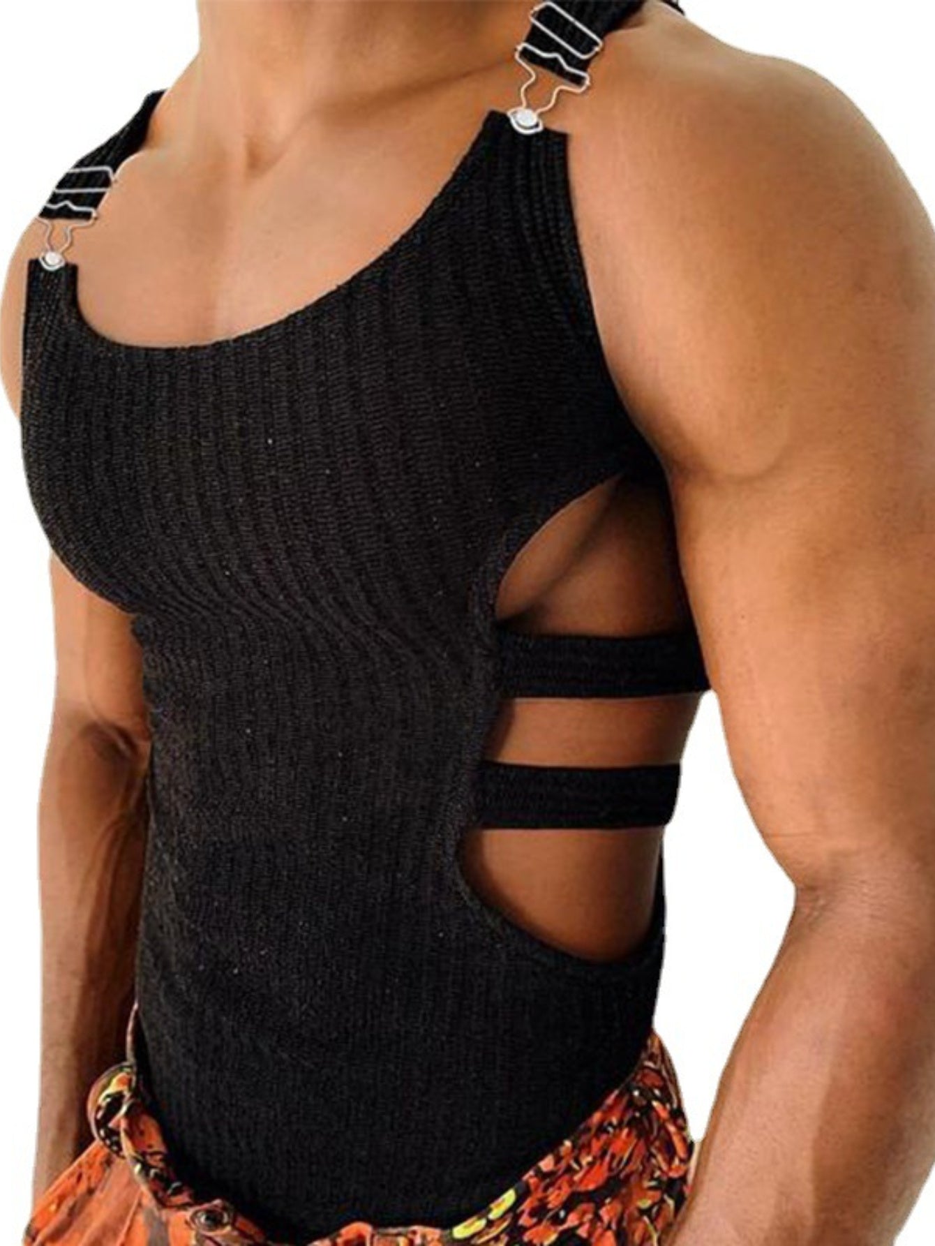 Men's Sleeveless Tank Top - Solid Color, Stretch Fit, Cutout Detail, Round Neck, Polyester, Casual Streetwear Style, Athletic Apparel|Round Neckline Top|Adjustable Straps