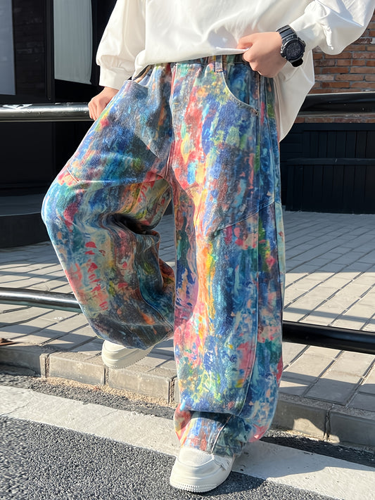 Boys' Streetwear Wide-Leg Pants - Vibrant Tie-Dye Pattern, Elastic Waistband with Drawstring, Pockets, Regular Fit Casual Trousers for Spring/Fall Outdoor Play & Casual Attire, Boy Pants, Spring Fall Attire, Trendy Streetwear, Comfortable Fit, for Outdoo