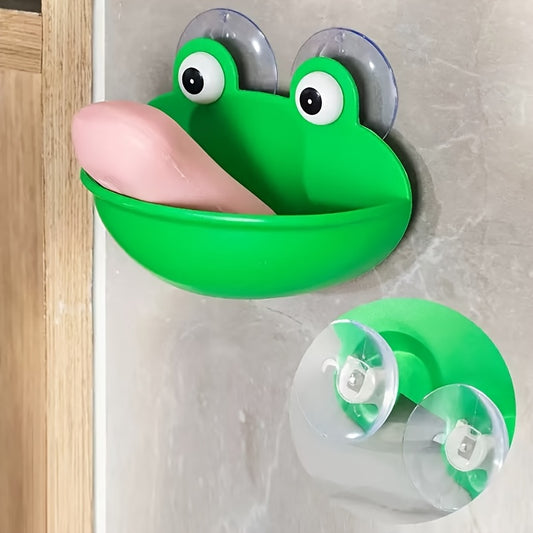 Cute Cartoon Frog Soap Dish, Wall-Mounted Suction Cup Design, No-Drill Installation, Creative Personality Style, Plastic Material, Decorative Bathroom Accessory, Frog Bathroom Decor