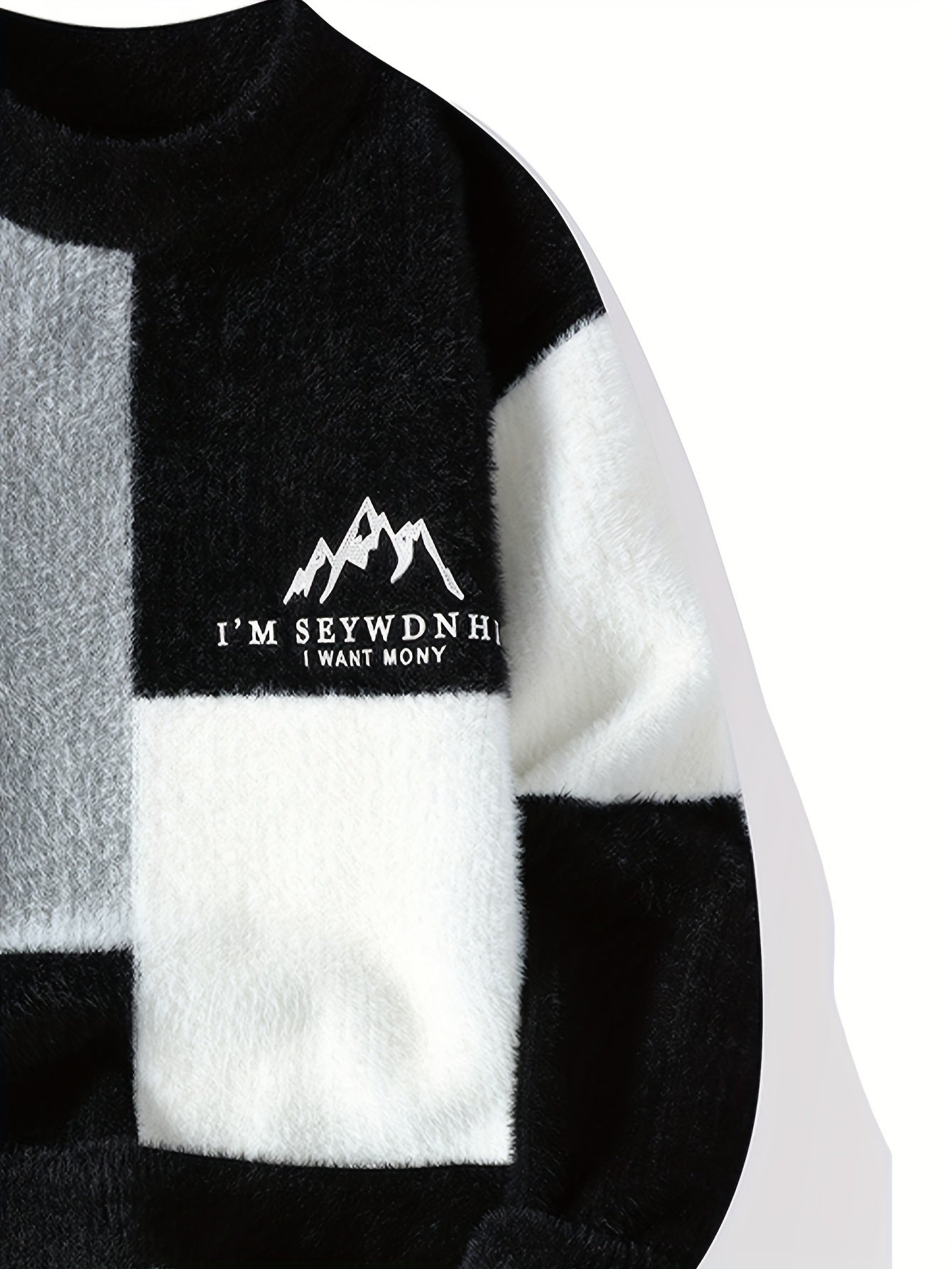 SENMEIGUO Men'S Chunky Knit Sweater, Casual Round Neck, Long Sleeve, Letter Print, Warm Winter Top, Regular Fit, Knitted Fabric, 2024 Fall/Winter Collection