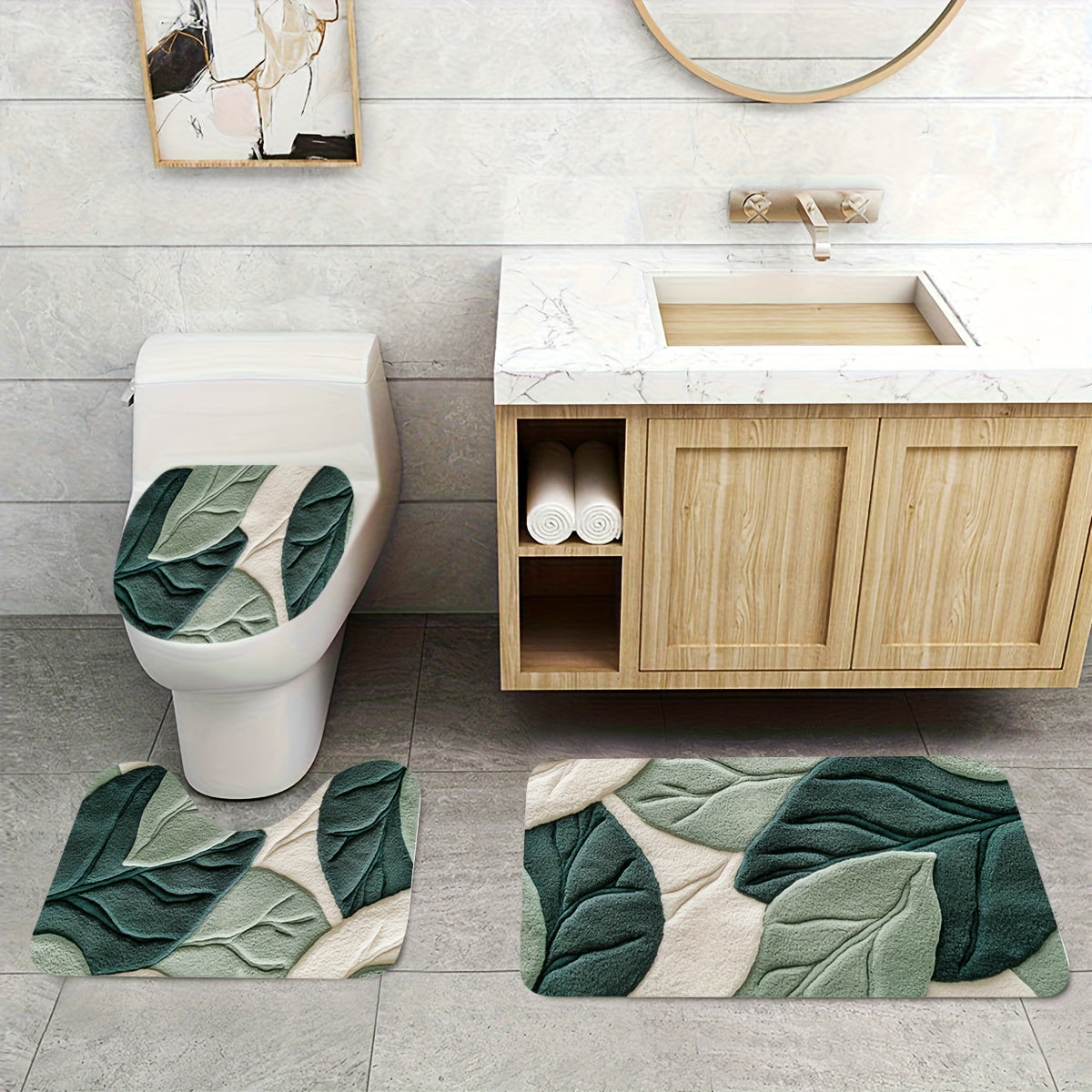3pcs Green Leaf Pattern Bathroom Mat Set, Toilet Lid Cover, Toilet U-Shaped Mat, Flannel Material, Soft Surface, Mother'S Day Decoratio