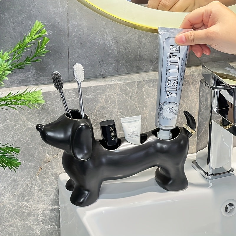 Creative Funny Cartoon Dachshund Couple Family Toothbrush Holder, Bathroom Vanity Brushing Storage Rack with Creative Base Valentine's Day Gift Organizer for Electric and Manual Teeth Cleaning Tools, 12 Holidays Halloween Christmas Valentines