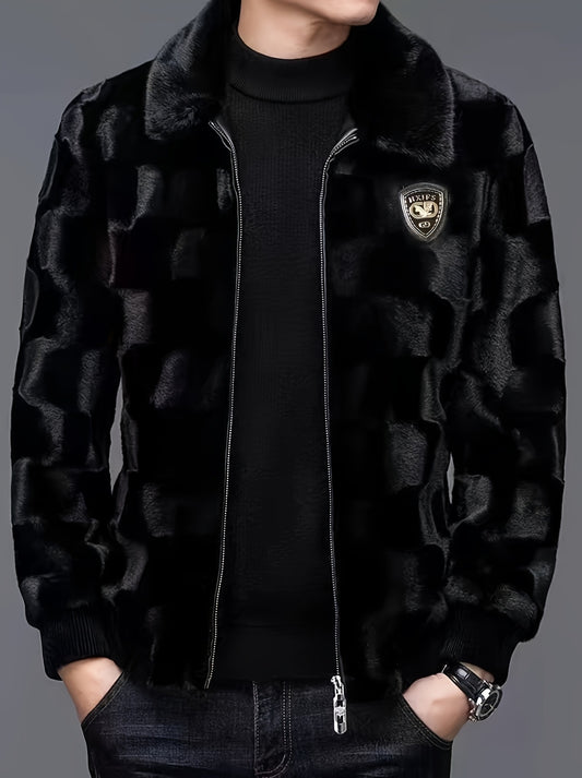 Men's Luxury Faux Mink Jacket - Stylish Lapel, Thick & Warm Winter Coat with Zip Closure