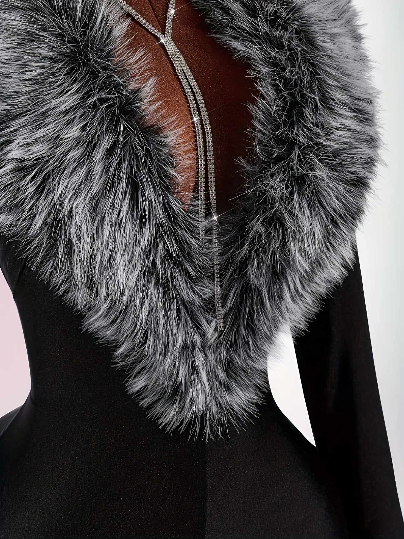 Women's Elegant Jumpsuit with Faux Fur Collar & Deep V-Neck - Short/Long Sleeve Bodysuit, Suit Innerwear for Spring/Autumn, Machine Washable - Solid Color (Black) Professional/Party Wear ASD1