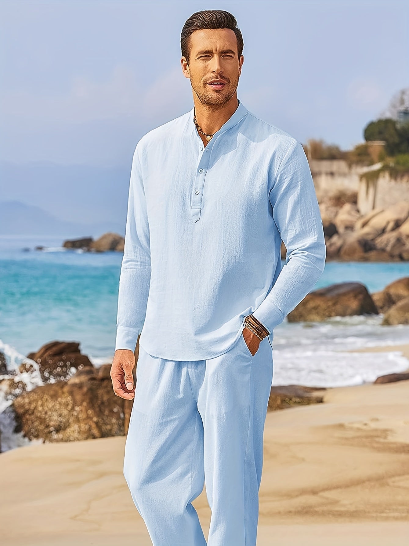 Men's Linen Blend Retro Henley Shirt Long Sleeve T-shirt Tee, Casual Comfy Shirts For Men Spring Summer Autumn, Men's Clothing Tops For Beach Yoga