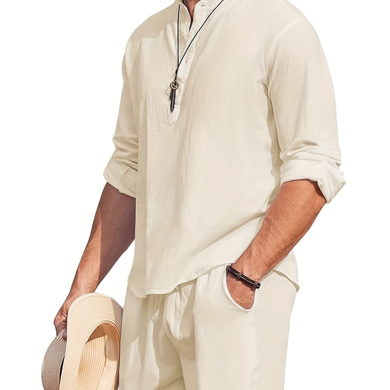 Men's Linen Blend Retro Henley Shirt Long Sleeve T-shirt Tee, Casual Comfy Shirts For Men Spring Summer Autumn, Men's Clothing Tops For Beach Yoga