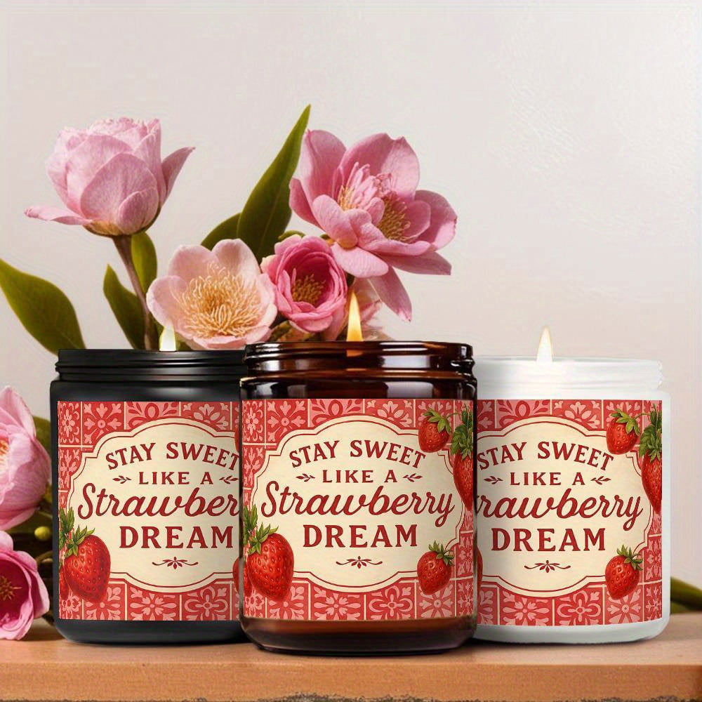 1pc Lavender Scented Candle - Soy Wax Long Burning Candle (12+ Hours) with "Stay Sweet Like a Strawberry Dream" Quote & Strawberry Pattern, Farmhouse Decor in Cute Jar - Birthday, Valentine's, Anniversary, Christmas Gift for Women, Wife, Mom, Girlfriend