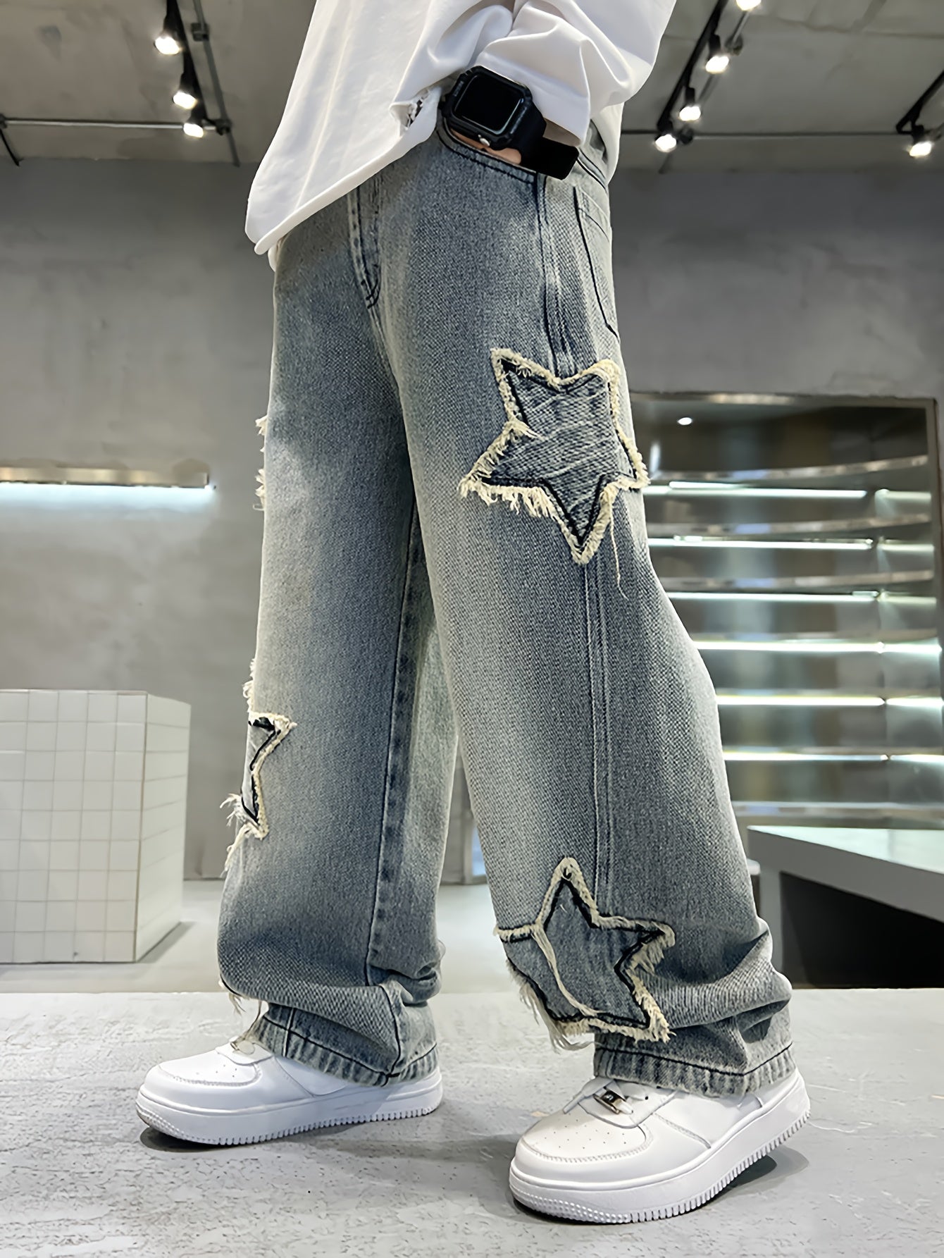 Boys' Star Embroidered Wide-Leg Faux Denim - Casual Loose Fit Long Pants, Non-Stretch Fabric, All-Season Versatile Faux Denim for Spring & Fall, Perfect for Casual Attire, Spring Fall Clothing, Star Embroidery Design, Comfortable Fit, for Outdoor, Pants