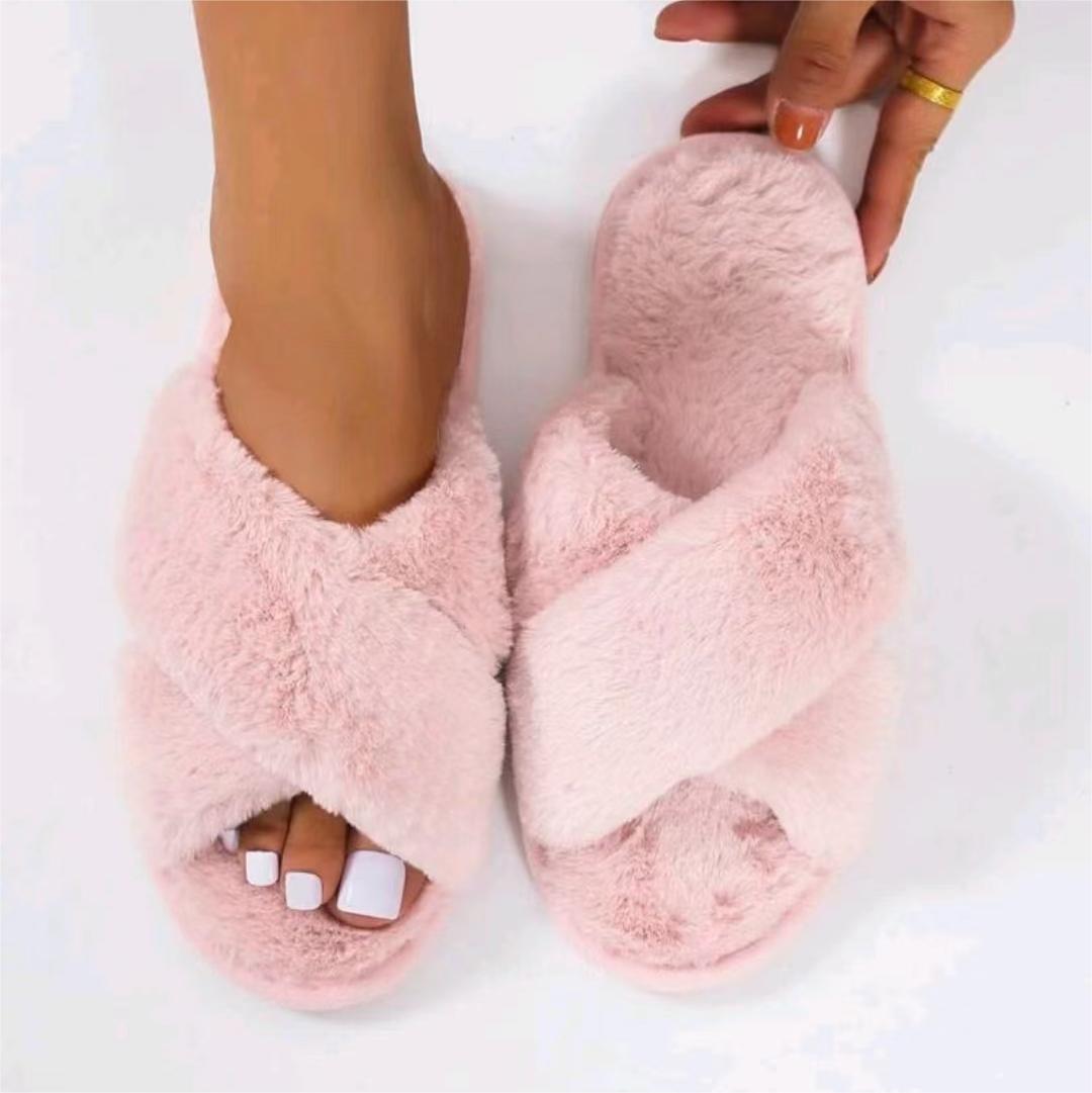 Cozy Crisscross Furry Slippers - Women's Warm Plush Fuzzy Flat Open Toe Home Shoes with Soft Comfy Insoles - Perfect for Lounging Around the House