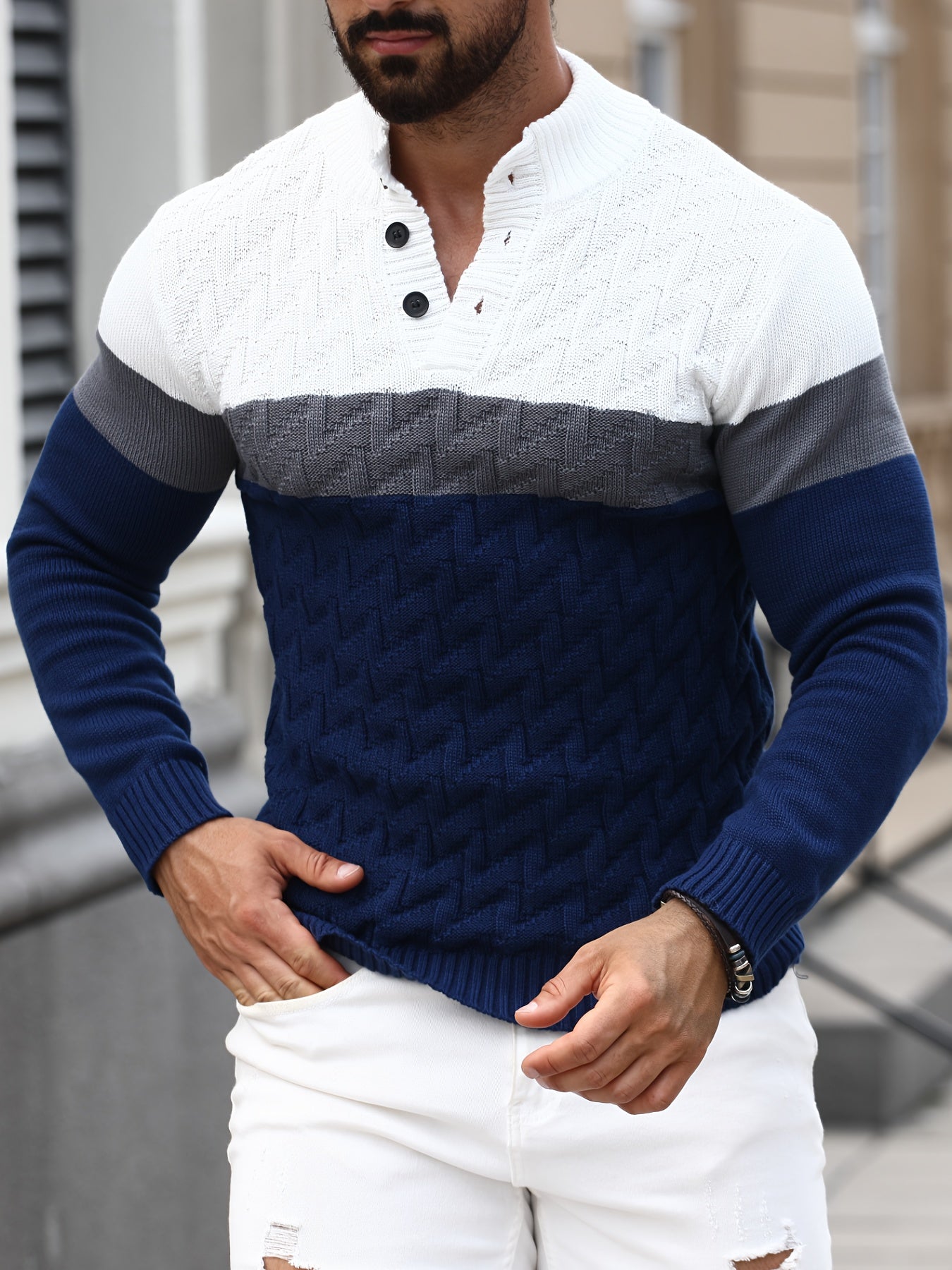 Men'S Casual Stand Collar Pullover Sweater - Stylish Quarter Button Geometric Knit Design, Long Sleeve, Regular Fit for Fall/Winter