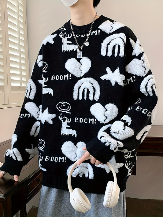 Genghis Men's Casual Winter Sweater - Thick Warm Black & Red Floral Print with Hearts, Stars & BOOM! Text, Loose Fit Round Neck, High Elasticity Machine-Washable for Autumn/Winter, Cozy Sweater, Trendy Outfit, Nontransparent Material