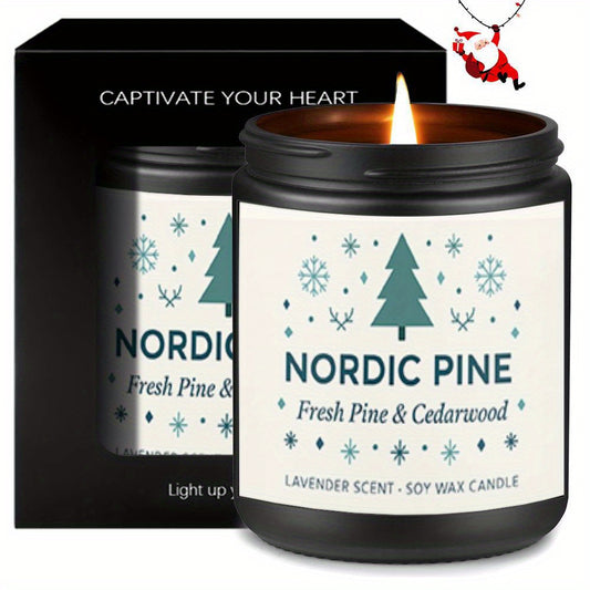 1pc Nordic Pine Scented Candle - Fresh Pine & Cedarwood, Long-Lasting 12+ Hours, Elegant Snowy Forest Design with Red Berries & Pine Cones, Perfect Christmas Gift for Men & Women, Minimalist Home Decor, Indoor Use, Glass Jar with Black Lid, Holiday Candl
