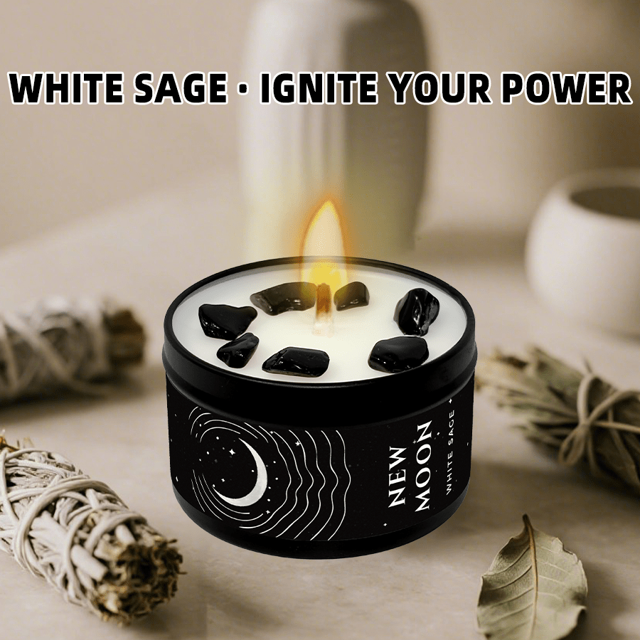 EVODUCK New Moon White Sage Manifestation Candle - 3oz Scented Soy Wax with Black Crystal Chips, Hand-Poured, Law of Attraction, Includes Wish Card, Ideal Gift for Her & Him, Indoor Use, 12+ Hour Burn Time, Spiritual Candle, Mystical Design, Highquality